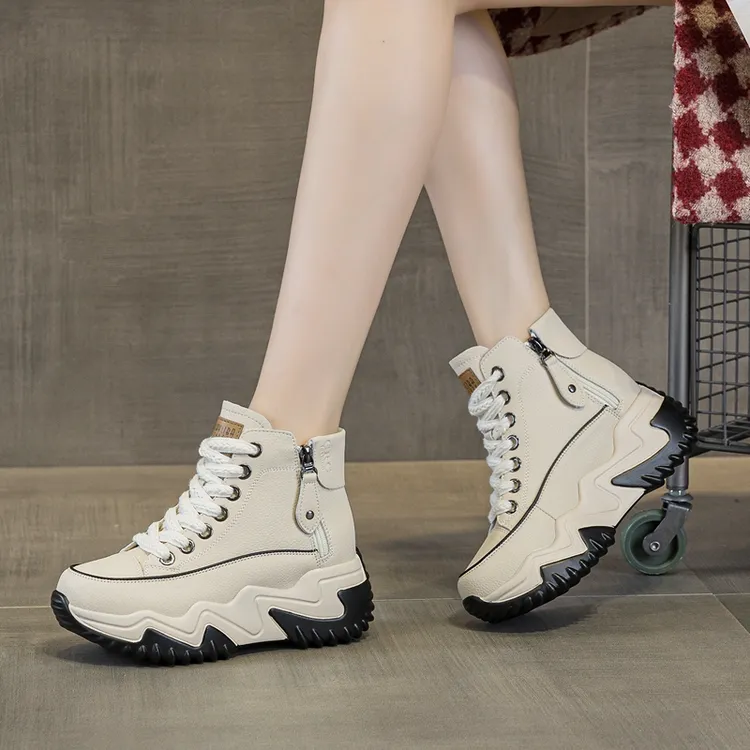 真皮高帮鞋女2025秋冬新款百搭时尚加绒保暖增高厚底运动休闲短靴