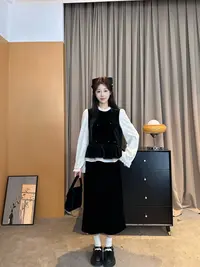 周【赛琳女孩】秋季NEW 甜美千金风丝绒套装花边下摆气质显瘦长半裙
