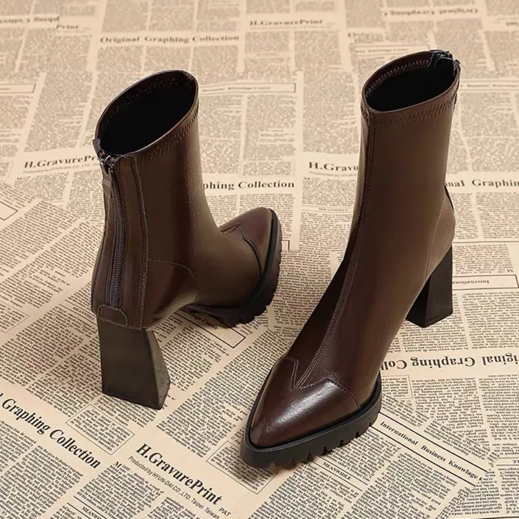 羊皮版~露思同款防水台粗跟美拉德真皮增高厚底短靴瘦瘦靴尖头