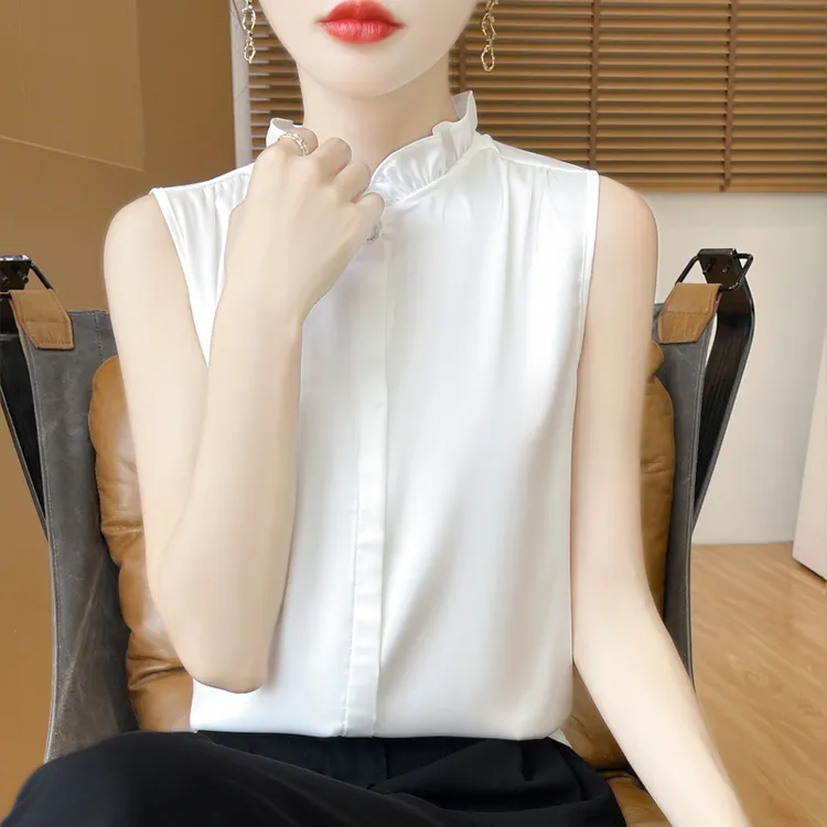 中式醋酸缎面无袖衬衫女内搭衬衣背心打底开衫国风木耳领上衣