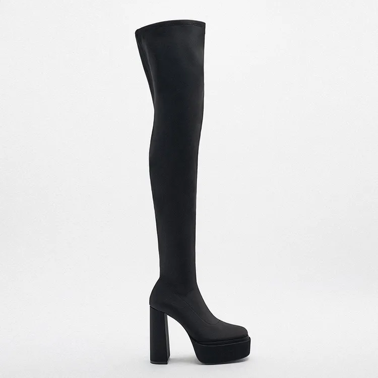 秋冬绸缎防水台高筒黑色超高跟粗跟长筒靴女过膝长靴女弹力袜靴