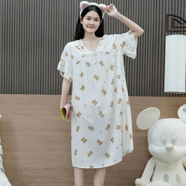 棉绸睡裙女青年夏季印花小碎花短袖新款家居服人造棉薄款连衣裙