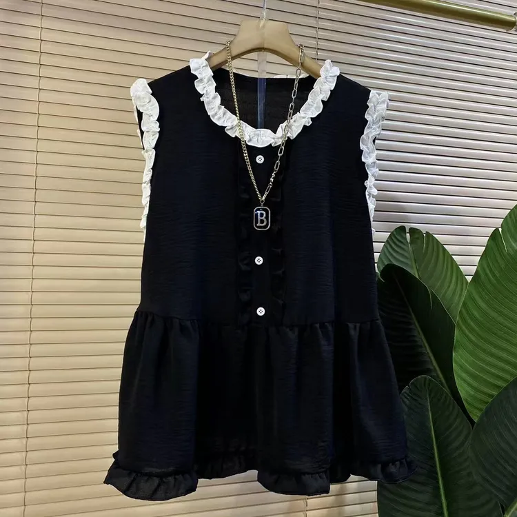 D胖mm欧货时尚新款法式木耳边拼接无袖减龄T恤上衣