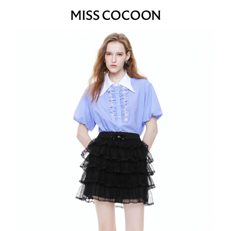 MISSCOCOON可可尼黑色网纱蕾丝蛋糕裙2025夏季新款半身裙蝴蝶结
