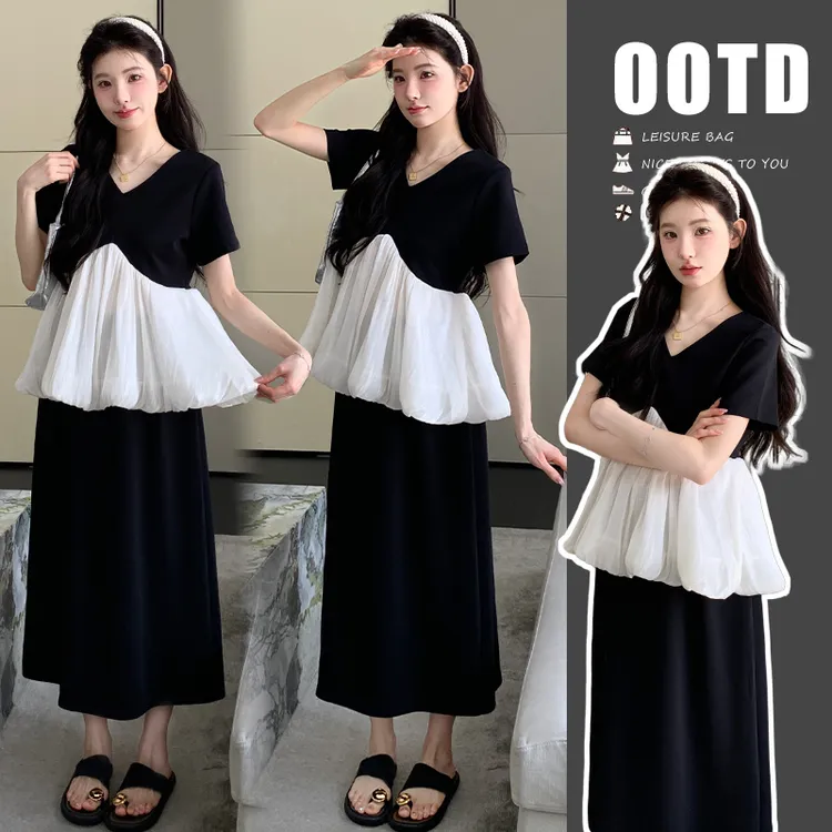 时髦孕妇装新款新款气质设计感撞色上衣加半身裙显瘦洋气时尚套装