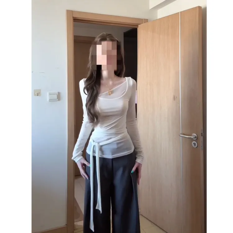 白色拼接小众设计绑带长袖T恤上衣灰色显瘦直筒休闲裤女X11109