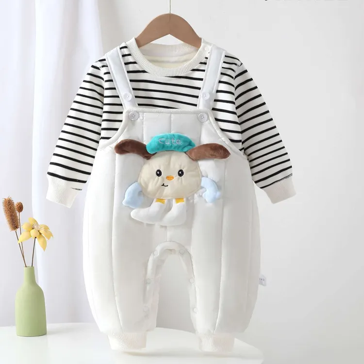婴儿套装夹棉加厚保暖衣服秋冬季宝宝背带裤T恤加绒外出服两件套