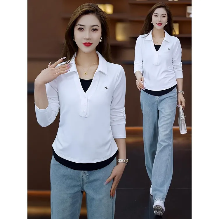 假两件POLO翻领长袖T恤女秋季新款小个子修身显瘦打底衫短款上衣