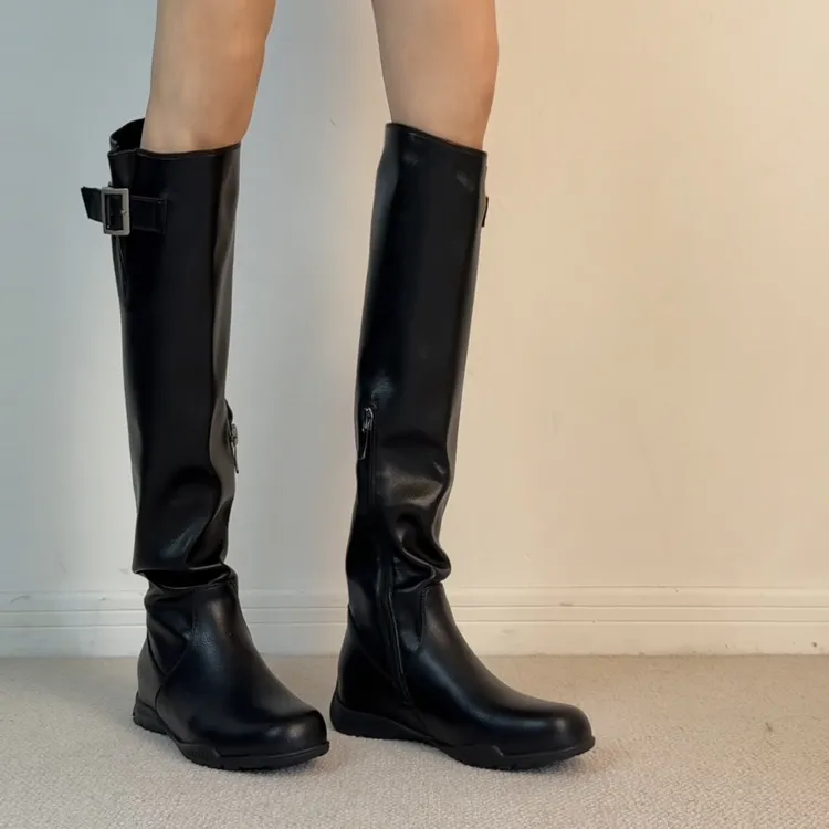 六也「圆头骑士」简约百搭厚底显瘦侧拉链不过膝弹力长筒靴L1037