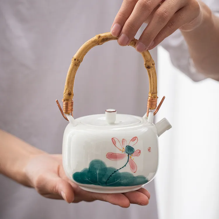 手绘日式提梁壶茶壶功夫茶具套装带过滤白瓷壶陶瓷泡茶壶