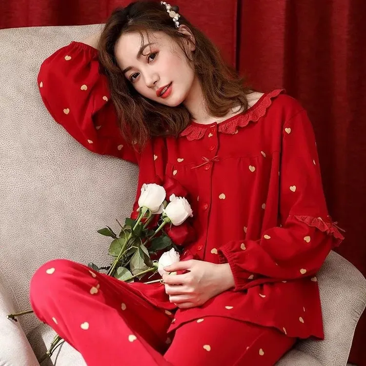 睡衣女士春秋新款2025本命年红色蕾丝花边长袖长裤结婚家居服套装