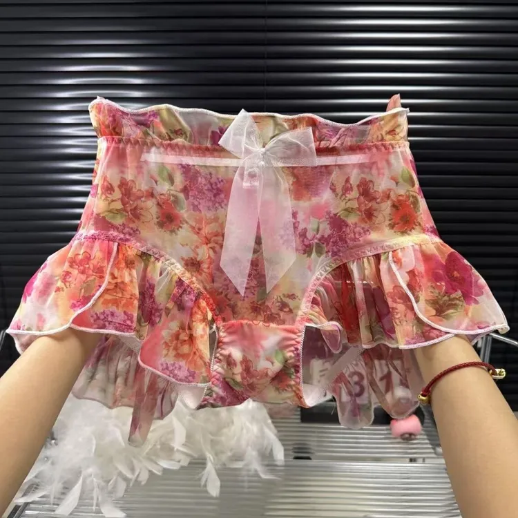 过年穿纯欲碎花大码红色内裤女士蕾丝荷叶边网纱性感三角裤透气