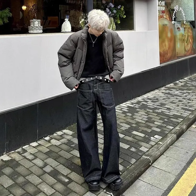 冈山丹宁原色牛仔裤男款秋冬设计感小众裤子美式高街拼接工装长裤