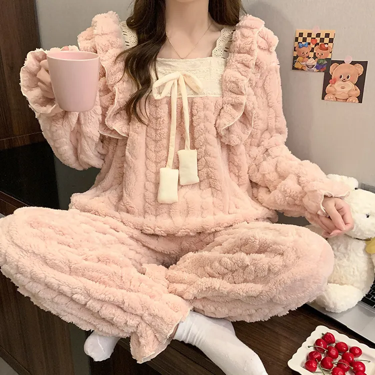 珊瑚绒睡衣女款冬加绒加厚保暖甜美长袖新款蝴蝶结家居服可外穿