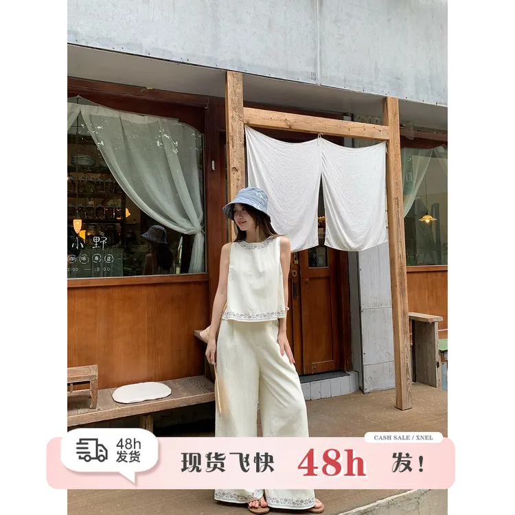 陳文文xenl【布达佩斯】夏季新款简约刺绣套装女上衣裤子两件套9131