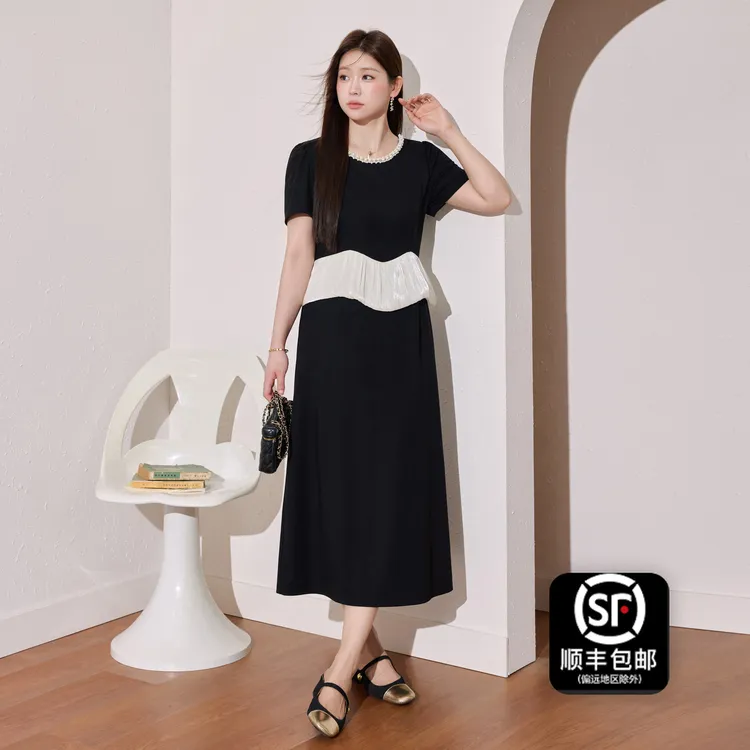 蓝语大码微胖mm夏季新款连衣裙假两件气质拼接显瘦遮肉裙子12810