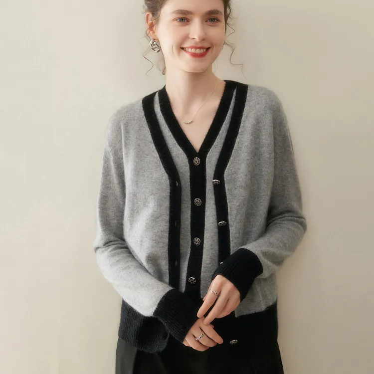 春秋上新山羊绒叠穿12针拼色时尚马甲+开衫两件套洋气外套羊绒衫