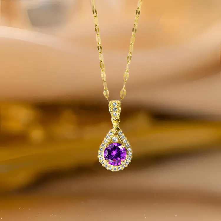 钛钢仿水晶吊坠 铜合金紫色水滴吊坠项链轻奢气质时尚百搭女款