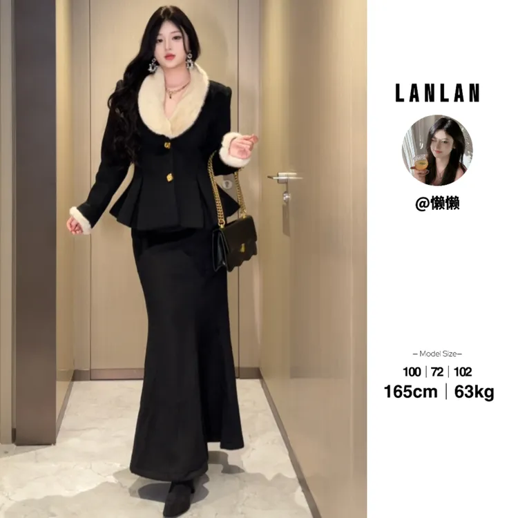 Lanlan-【A弥漫半冬】秋冬新款毛呢长袖外套显瘦百搭半身裙黑色套装