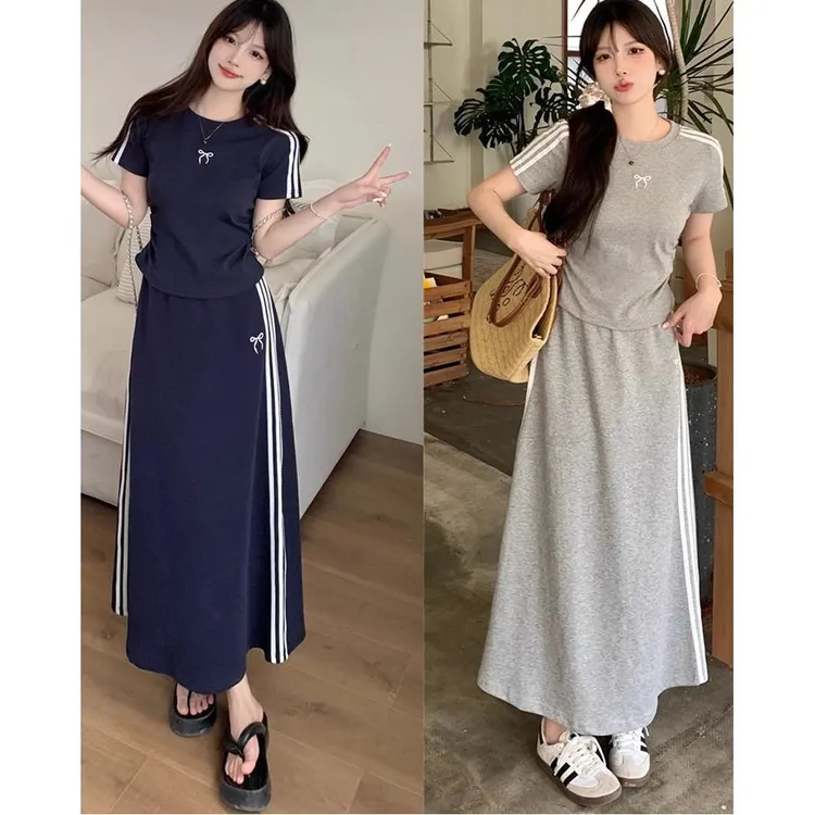 休闲慵懒夏季运动三条杠T恤时尚中长半身裙短袖两件套装高腰显瘦