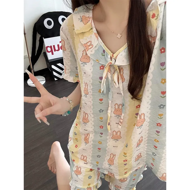 韩系甜美可爱碎花兔兔睡衣女夏季新款短袖短裤可外穿家居服两件套