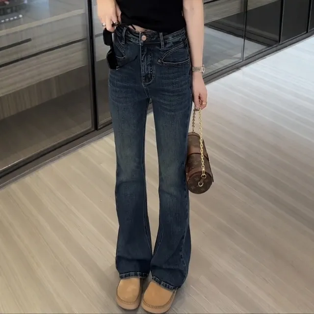 大码女装高腰弹力直筒马蹄裤2025春季新款复古百搭修身微喇叭裤子