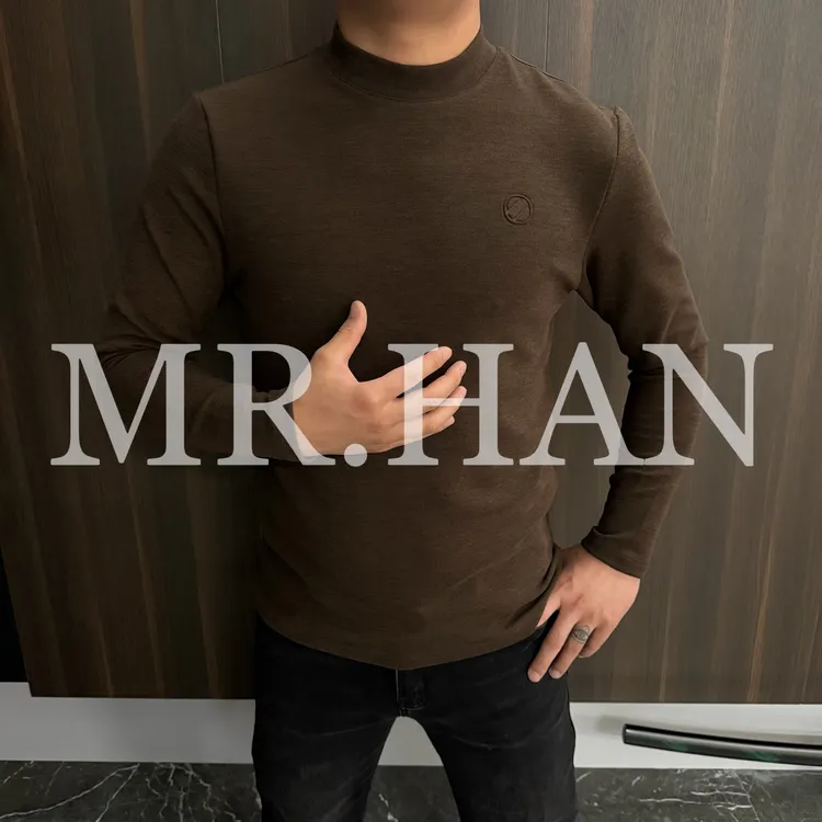 8936休闲半高领磨毛长袖圆领T恤纯色3Dlogo冬季秋冬男士