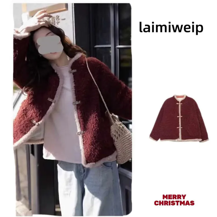 大码红色盘扣中国风毛毛外套女冬装加厚保暖显瘦圣诞新年复古上衣