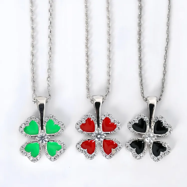 合金项链 幸运四叶草镶满钻红绿黑吊坠白金项链时尚新品百搭个性
