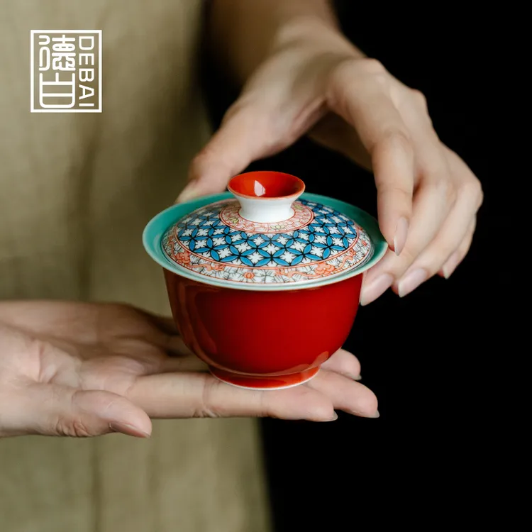德白中国风故宫红花格纹二才盖碗单个陶瓷家用高档泡茶器功夫茶具