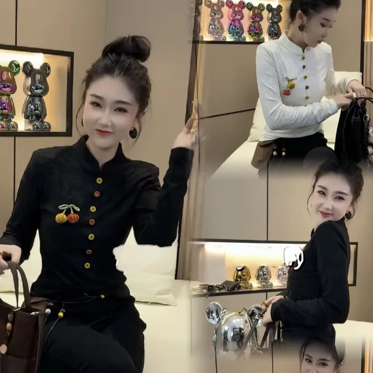 高级感立领打底南瓜修身型常规款千金风长袖T恤气质休闲百搭提花