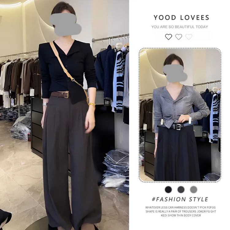 2025春秋时尚套装女小个子减龄V领长袖T恤显瘦休闲直筒裤两件套