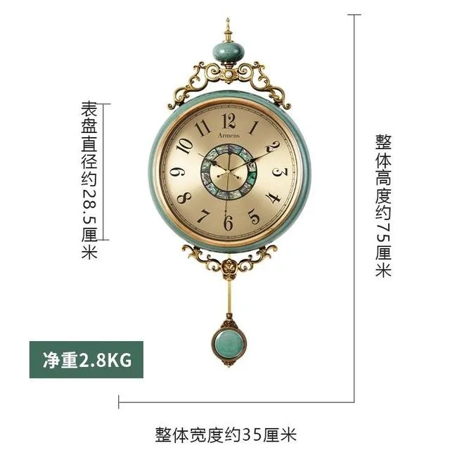欧式陶瓷客厅挂钟家用简约时尚钟表美式高档黄铜石英钟免打孔时钟
