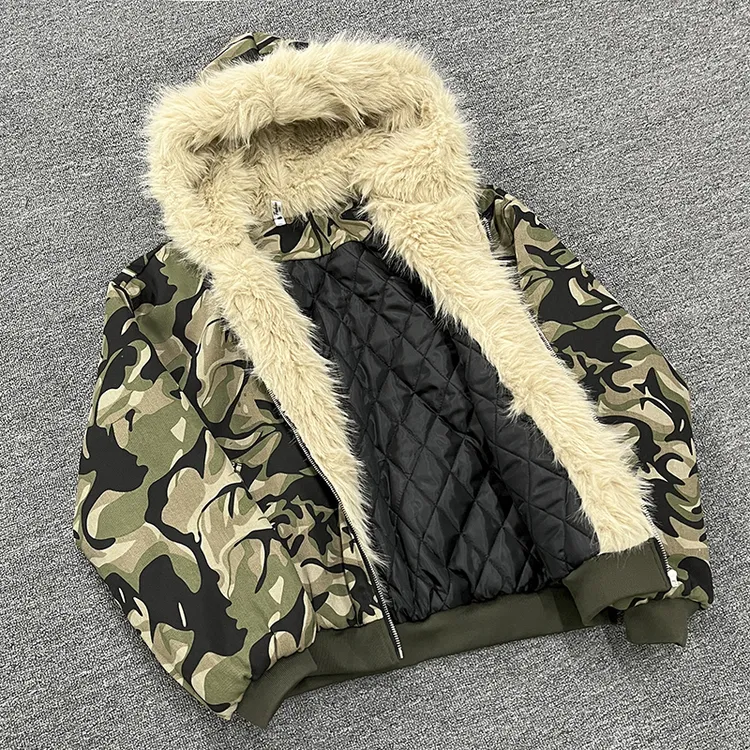 美式高街迷彩毛领连帽棉服男女冬季复古宽松潮流情侣棉衣