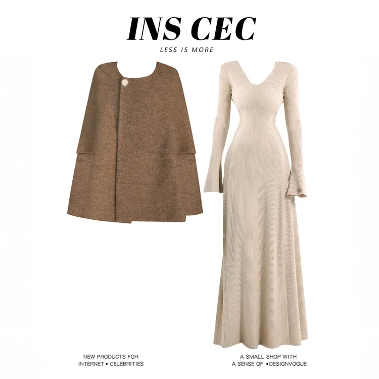 INS CEC早秋千金风高端斗篷短外套修身连衣裙套装设计感两件套女