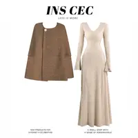 INS CEC早秋千金风高端斗篷短外套修身连衣裙套装设计感两件套女