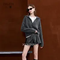 三彩2025秋季新款慵懒风显瘦套头针织衫毛衫宽松大翻领上衣女dbx