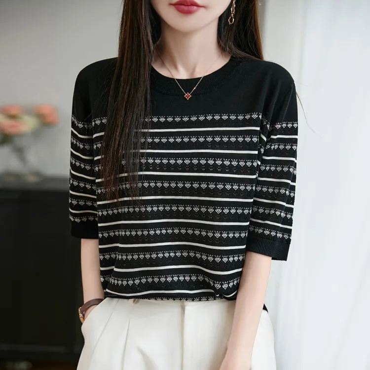 圆领时尚针织衫女夏装漂亮减龄上衣2025新款宽松显瘦洋气冰丝t恤