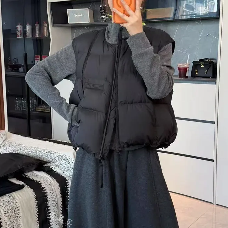 冬季新款双拉链简约时尚纯色上衣宽松韩版圆领坎肩棉衣马甲女装T