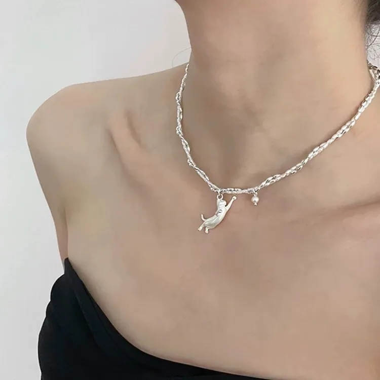 铜合金项链 流浪庄园系列小猫吊坠珍珠项链女个性简约百搭锁骨链