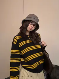 【MIU系条纹】虎皮卷秋冬软糯宽松POLO学院翻领针织毛衣#S25940
