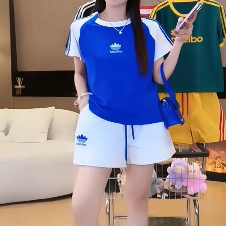 品牌蓝色休闲运动套装2025女夏季新款字母时尚短袖短裤穿搭一整套