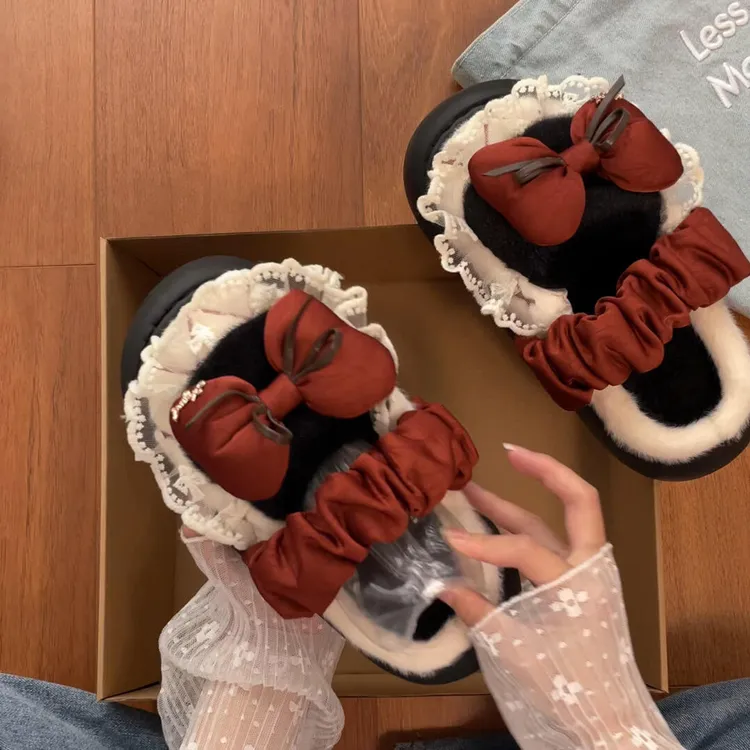 蝴蝶结蕾丝边包头毛毛拖鞋女外穿2025新款秋冬百搭加绒保暖棉拖鞋