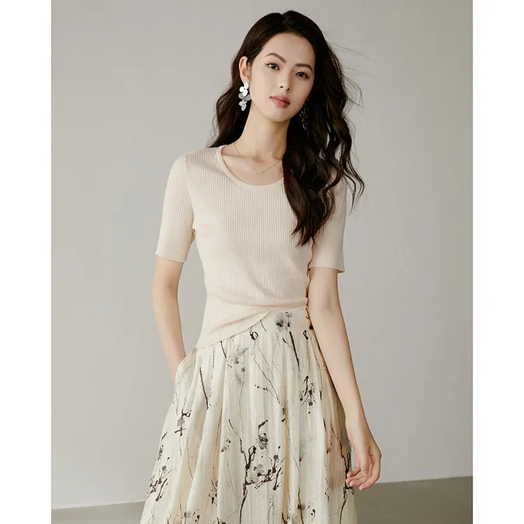 晚白【新品】2025夏短袖高弹条纹套头针织短袖女25021817