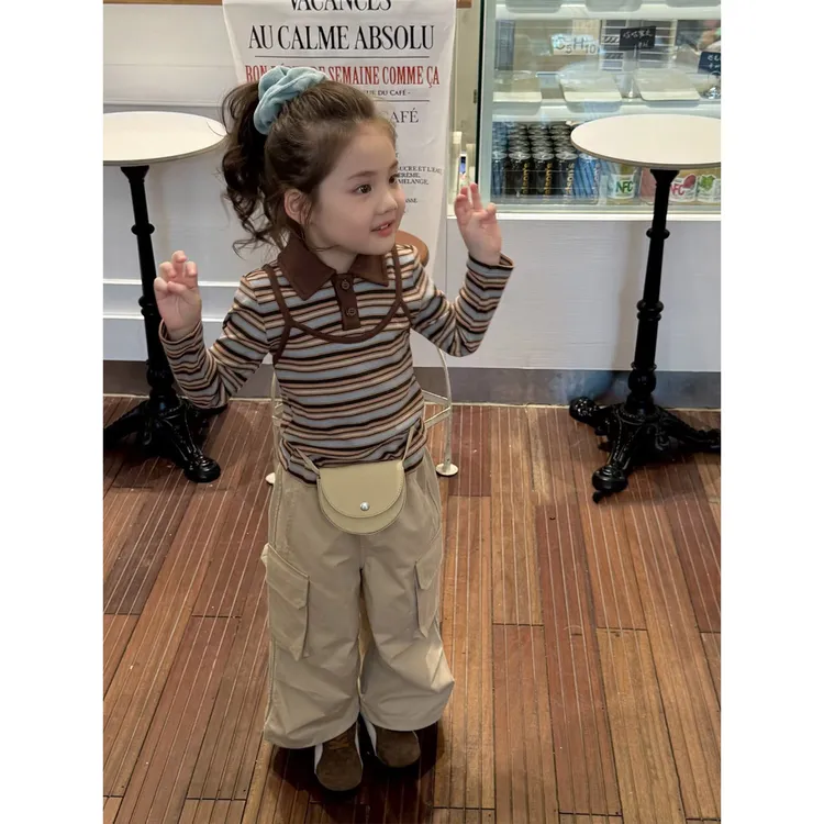 壹妈韩版童装女童秋装套装时髦洋气儿童条纹假两件长袖上衣工装裤