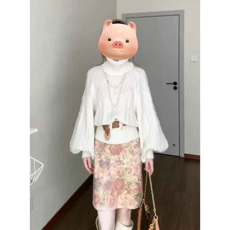2025早秋新款法式设计感高领修身长袖毛衣上衣高腰显瘦碎花半身裙