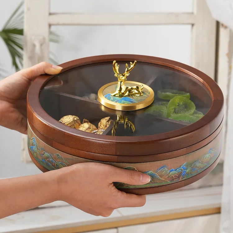 木质分格干果盒家用客厅果盘轻奢乔迁糖果瓜子收纳盒过年新款带盖