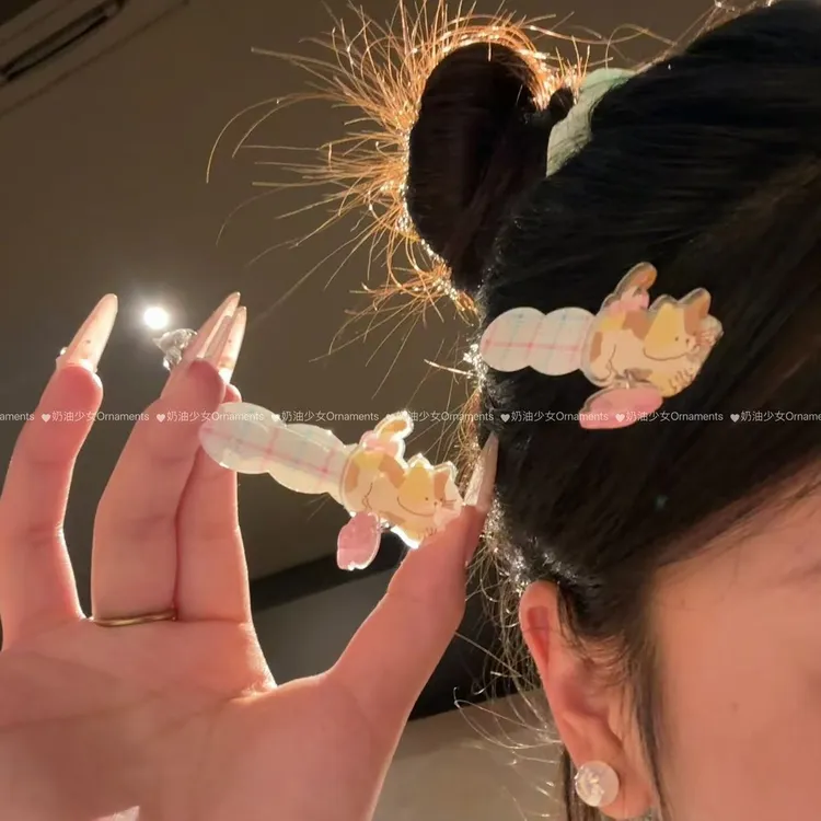 可爱猫咪小鱼甜美长条发夹可爱侧边刘海ins卡通鸭嘴吊坠头饰夹子
