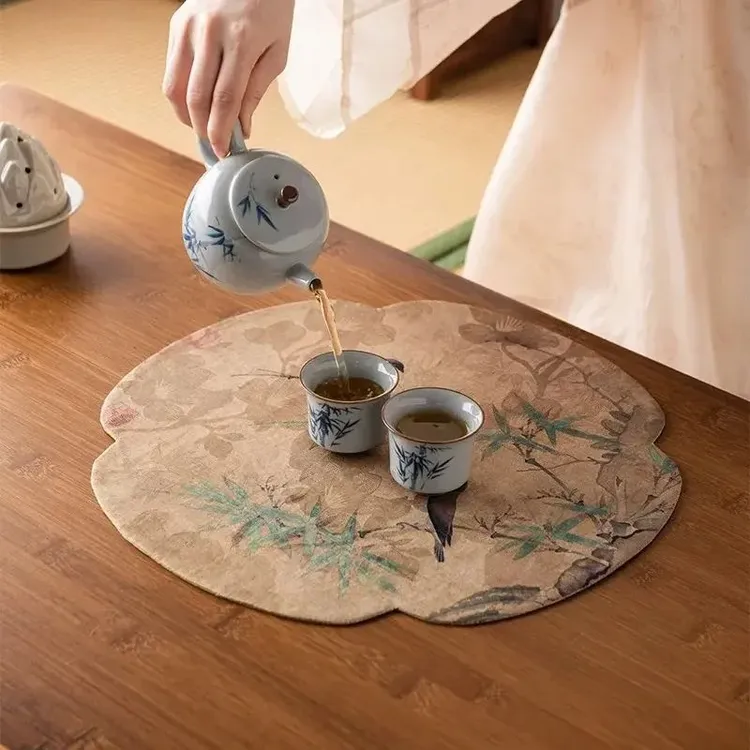 海棠竹鹊茶席餐垫防水隔热新中式禅意硅藻泥垫子复古吸水垫子茶垫