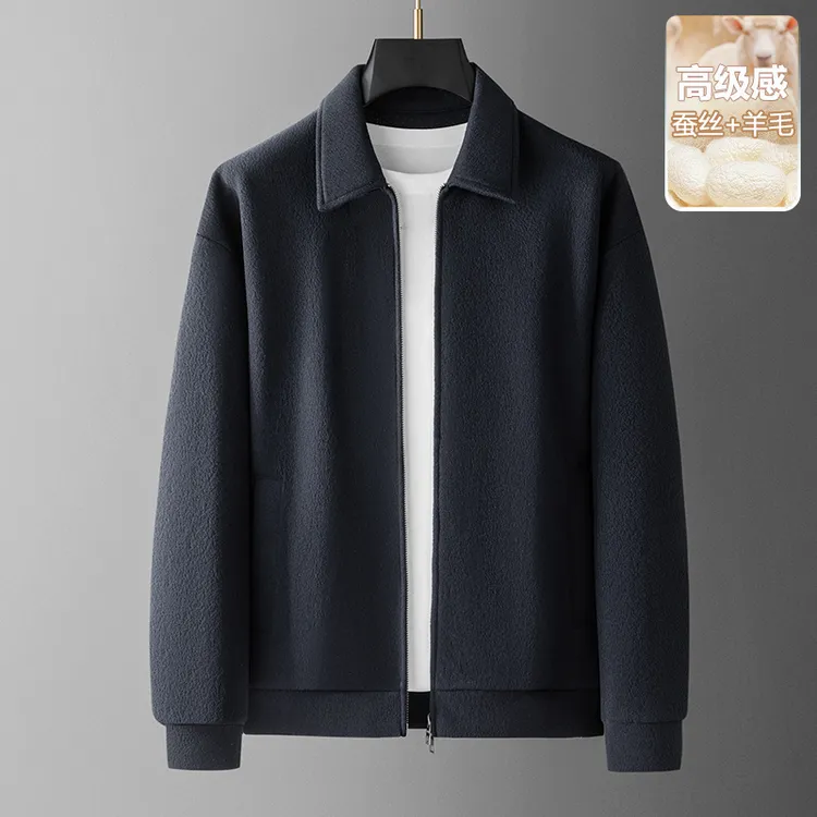 秋季新款高端桑蚕丝羊毛男士翻领外套宽松秋冬款商务休闲行政上衣